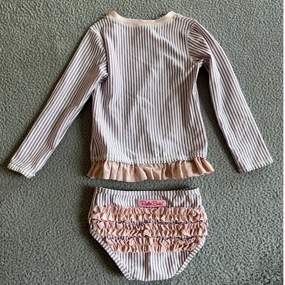 Ruffle Butts Swim Suit 4T Two Piece Long Sleeve Top Bikini Bottom Striped Purple - Picture 11 of 16